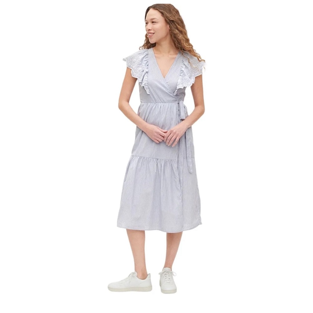 GAP Women's Striped Lace Midi Wrap Dress Tie Waist Flutter Sleeve Blue Size M
